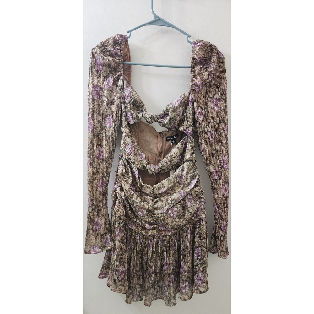 For Love & Lemons Metallic Floral Cut Out Ruched Mini Dress Brown Purple XS NWT